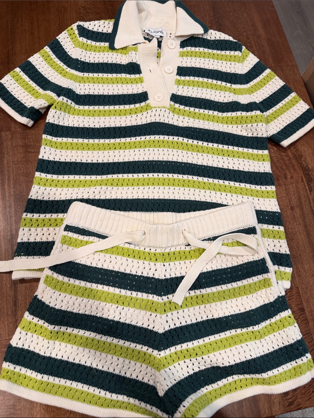 Align Striped crochet short set Cream, Green & Dark Teal